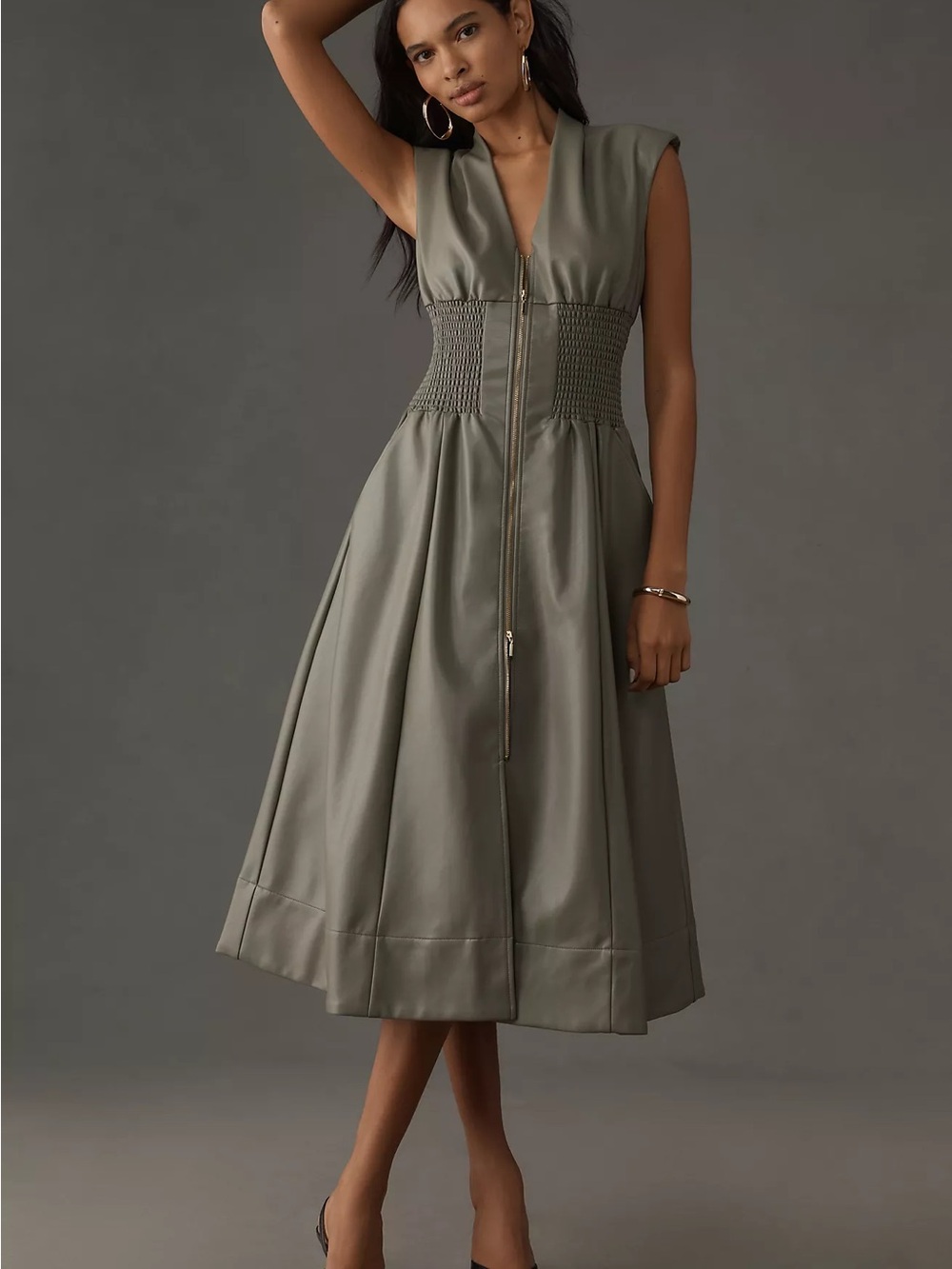 The Tommie Cap-Sleeve Smocked Front-Zip Shirt Dress by Anthropologie